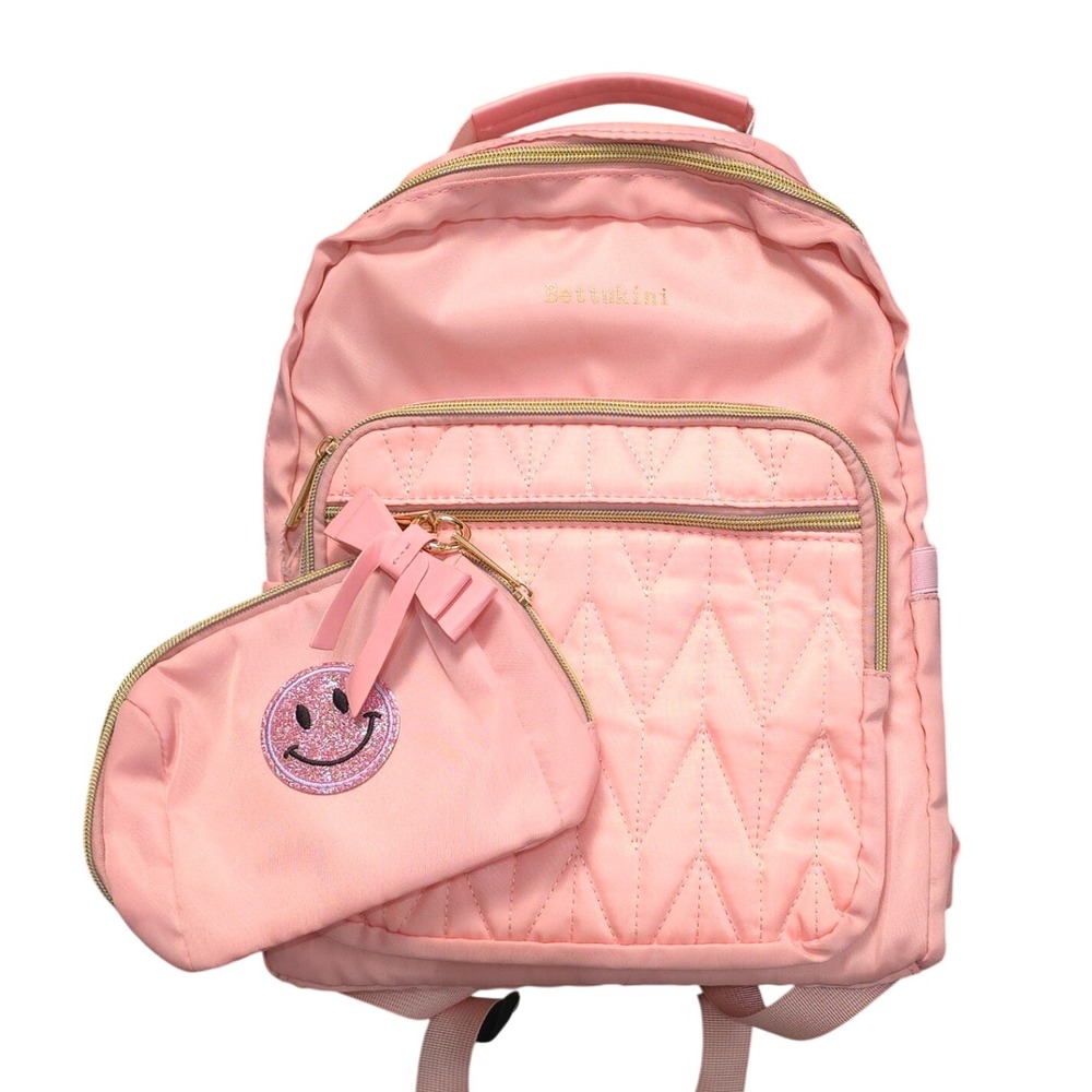 Bettukini Pink Quilted Nylon Backpack with USB Port and Smiley Face Pouch Diva
